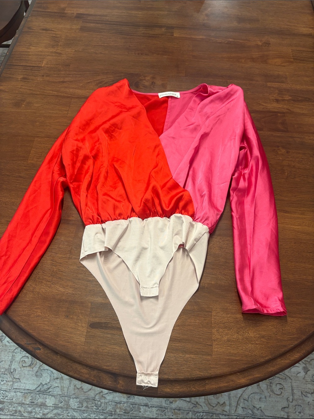 Two-Tone Red & Pink Wrap-Front Long Sleeve Bodysuit